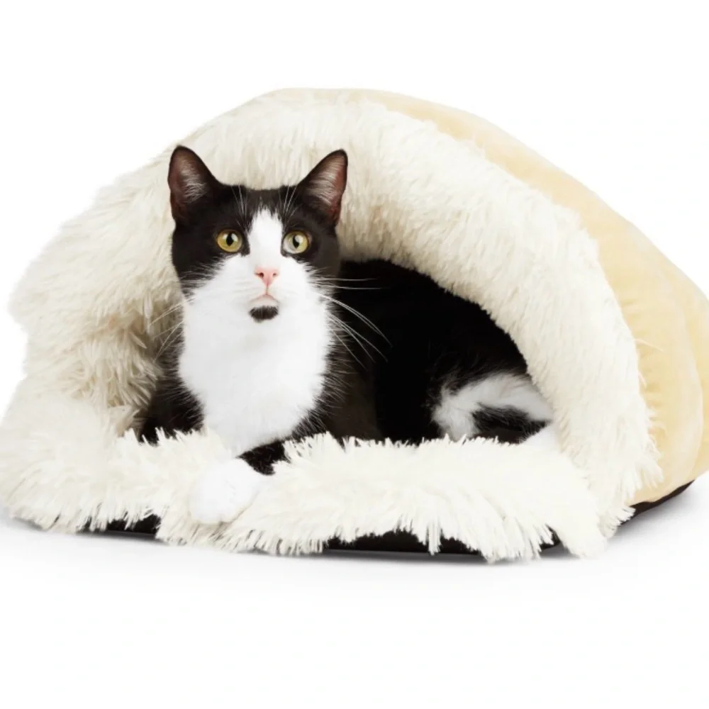 Plush Cat Cave Bed - Cream Interior with Black Exterior